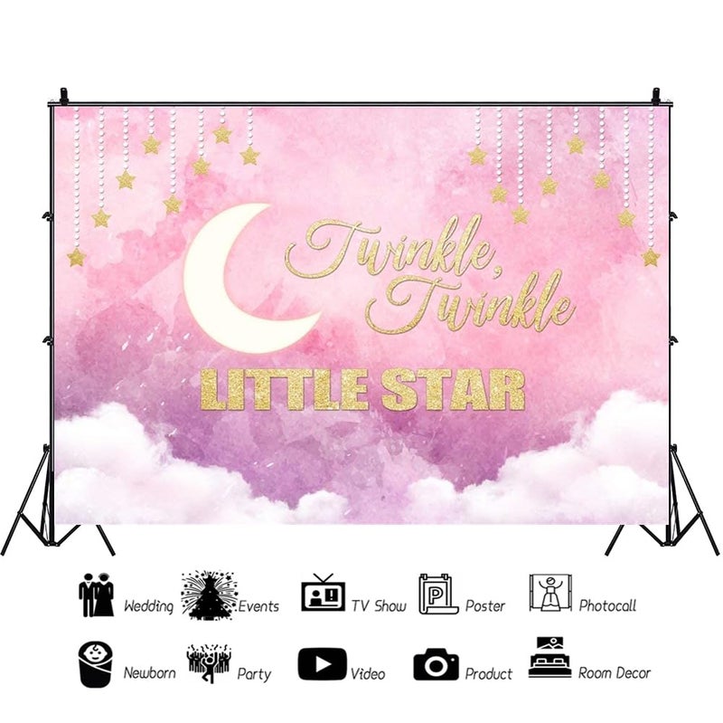 AOFOTO 5x3ft Twinkle Twinkle Little Star Backdrop Pink Sweet Baby Shower Background Moon Clouds Gender Reveal Baby Girl Kid Birthday Party Decorations Infant Newborn Photography Studio Props Vinyl - Image 3